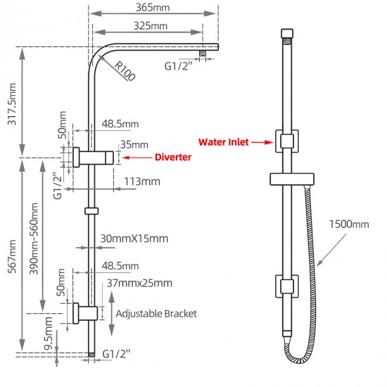 10 inch 250mm Square Brushed Nickel Twin Shower Station Top Water Inlet